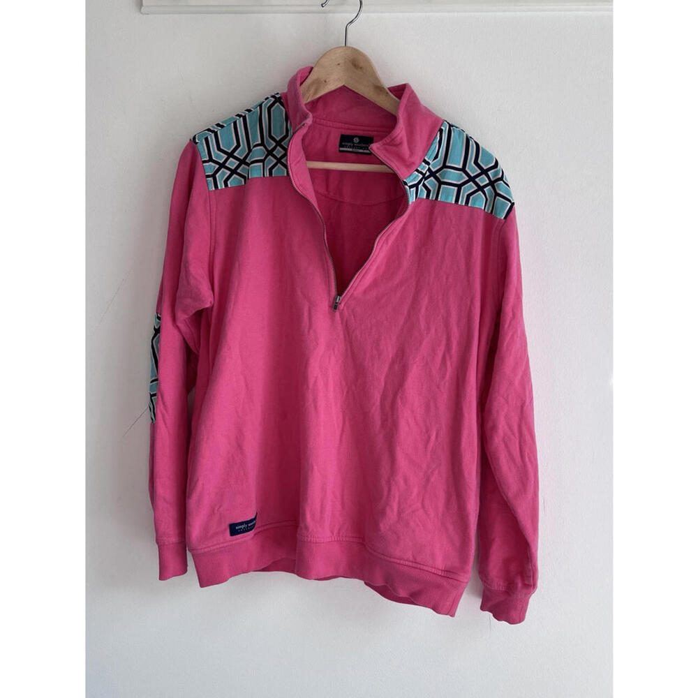 Simply Southern Pink 1/4 Zip Pullover Large Spell Out Women S Geometric Shoulder